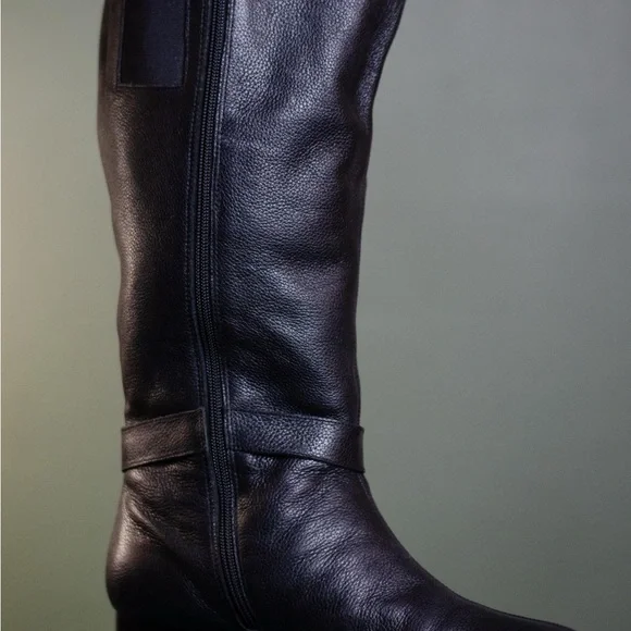 Black Leather Women's Wide Calf Moto Boots - Picture 3 of 9